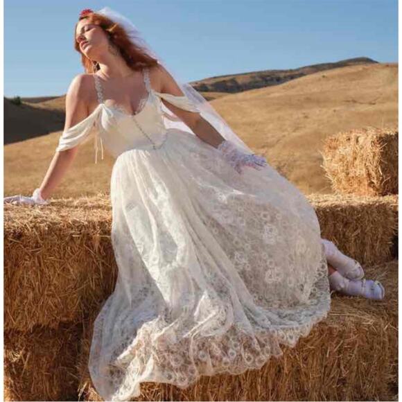 FOR LOVE & LEMONS Vera Lace Off the Shoulder White Maxi Bridal Gown Size S - Picture 6 of 16